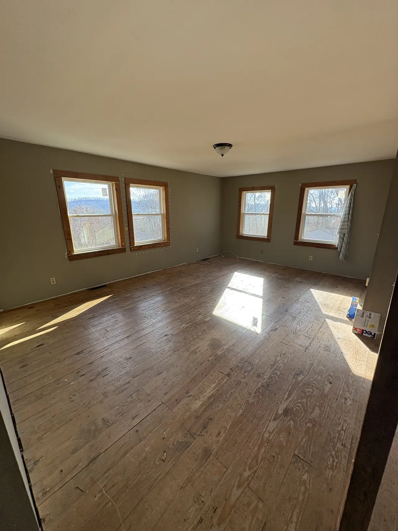 Living room before renovation, with olive walls, wood-trimmed windows, and a worn wood plank floor